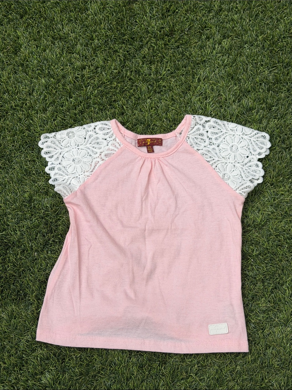 7 For All Mankind Pink Tee with White Lace Cap Sleeves